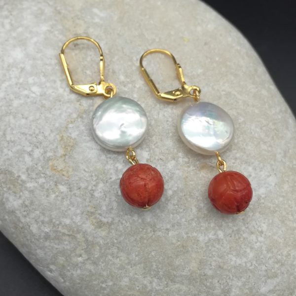 boucles d'oreilles corail bambou et perles d'eau douce soleyana création bijoux pierres semi précieuses